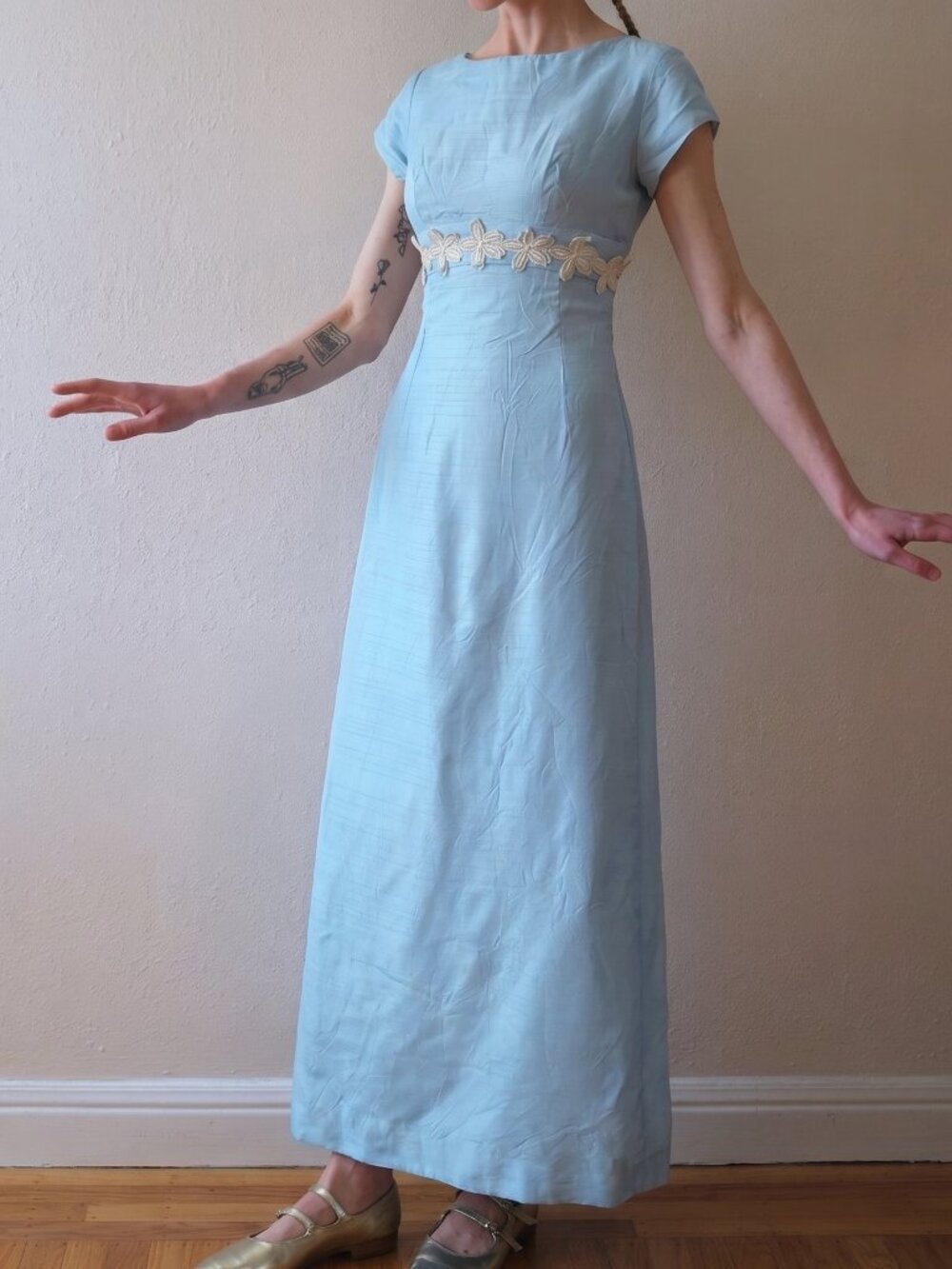 Vtg 1950s Baby Blue jacquard satin Empire Waist Sleeveless Maxi Gown